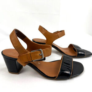 Ara Patent Leather Sandals Size 8.5 Ankle Strap Block Heels Black Copper Tan